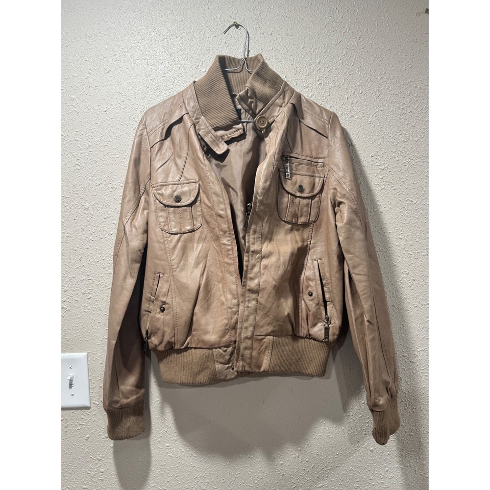 YMI Outerwear Women Tan Faux Leather Bomber Jacket Moto Full Zip Brown Size M